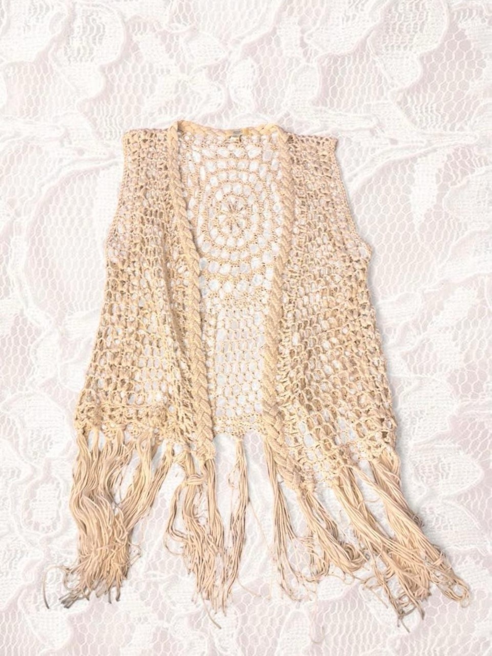Kori Beige Crochet Fringe Open-Front Vest